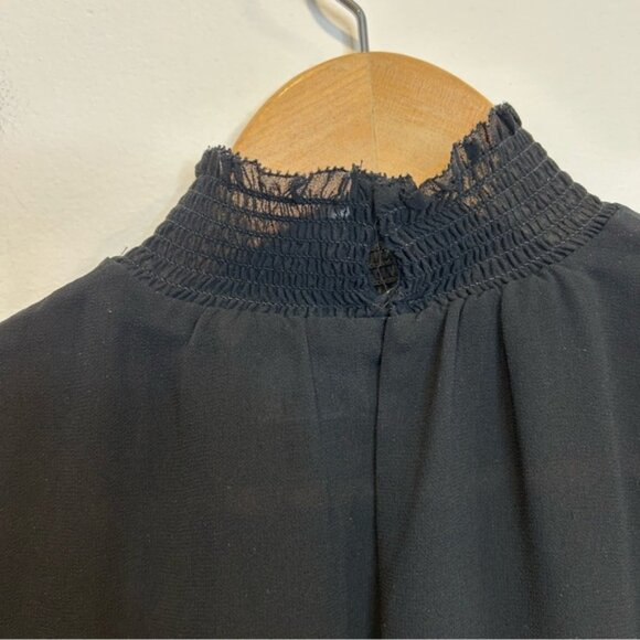 Aritzia Wilfred Valencia Blouse Mock Neck Puff Sleeves Smocking Semi-Sheer Black - Picture 8 of 10